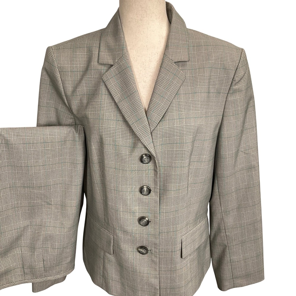 Evan Picone Skirt Suit Womens 16 Beige Turquoise Glen Plaid 2 pc Business Office